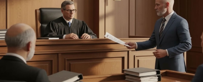 An attorney in a courtroom presenting a document as evidence to a judge on the bench.