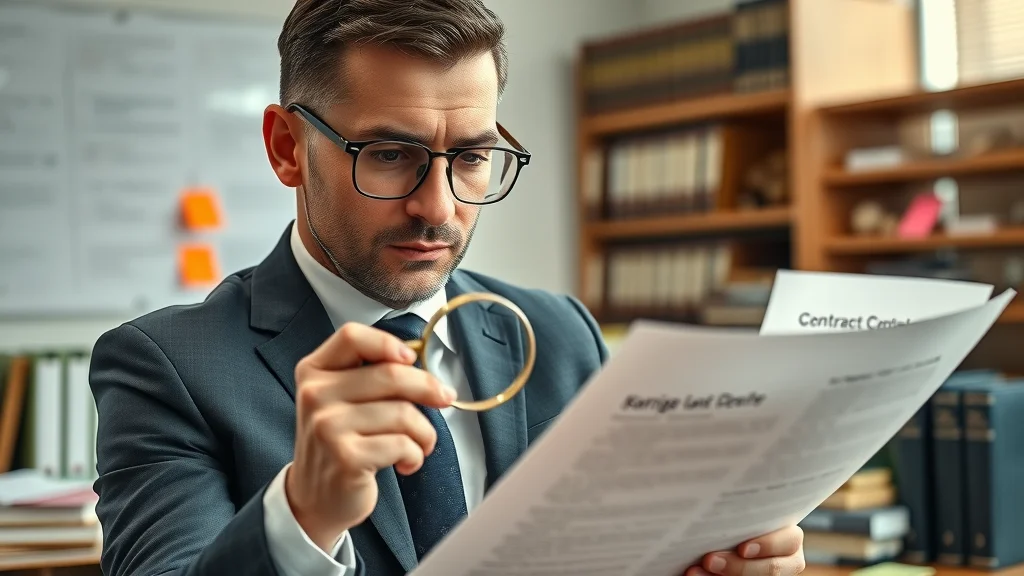 Business protection in litigation: legal professional meticulously reviewing contract footnotes with magnifying glass