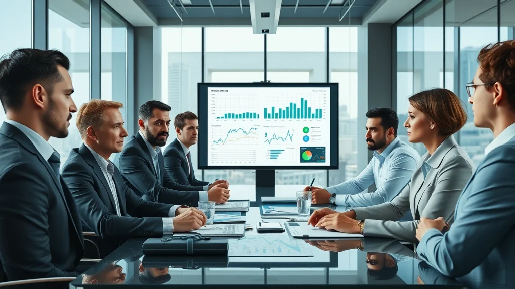 Business protection in litigation: executive team reviewing financial data collaboratively in corporate boardroom