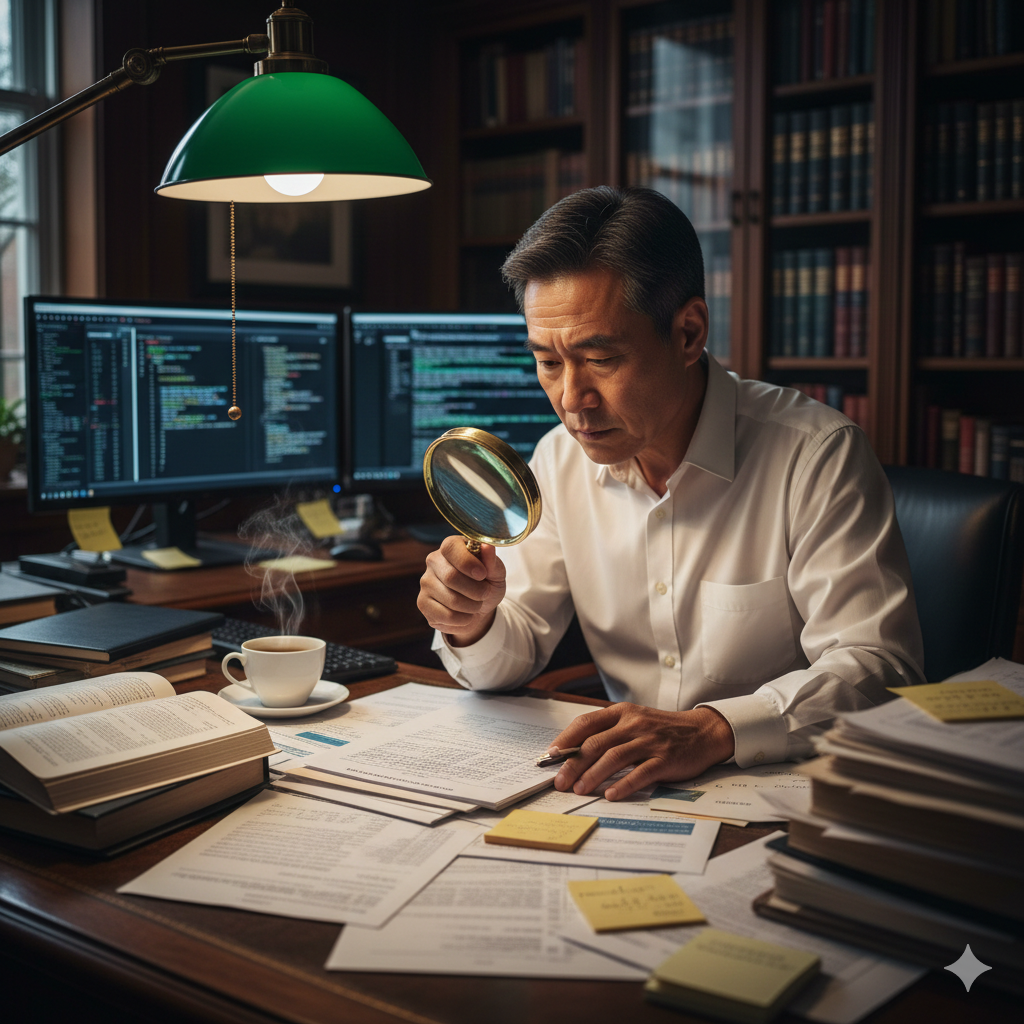 Meticulous attorney analyzing contracts for asset siphoning detection and fraud prevention